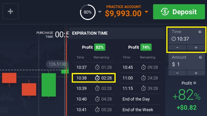 Choisissez une heure d'expiration pour une transaction chez IQ Option