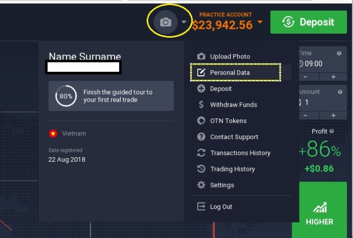 Choose the Personal Data icon at IQ Option