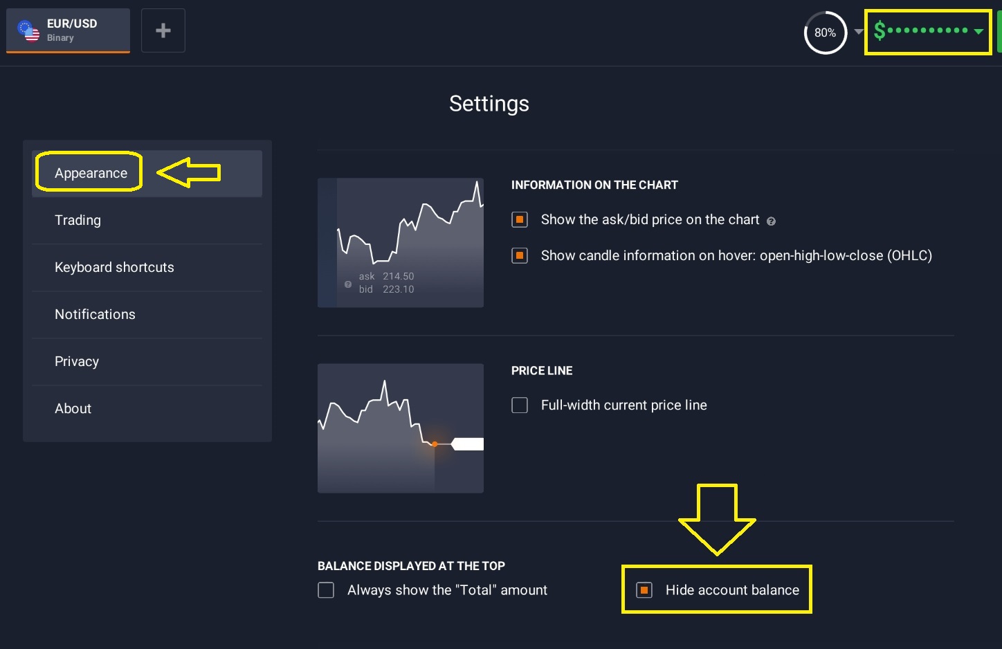 Sembunyikan jumlah dana pada antarmuka IQ Option Anda