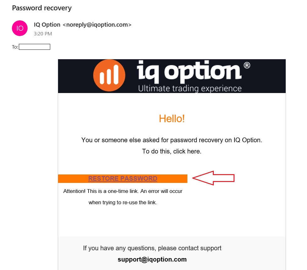 IQ Option கடவுச்சொல் மீட்பு மின்னஞ்சலை அனுப்புகிறது