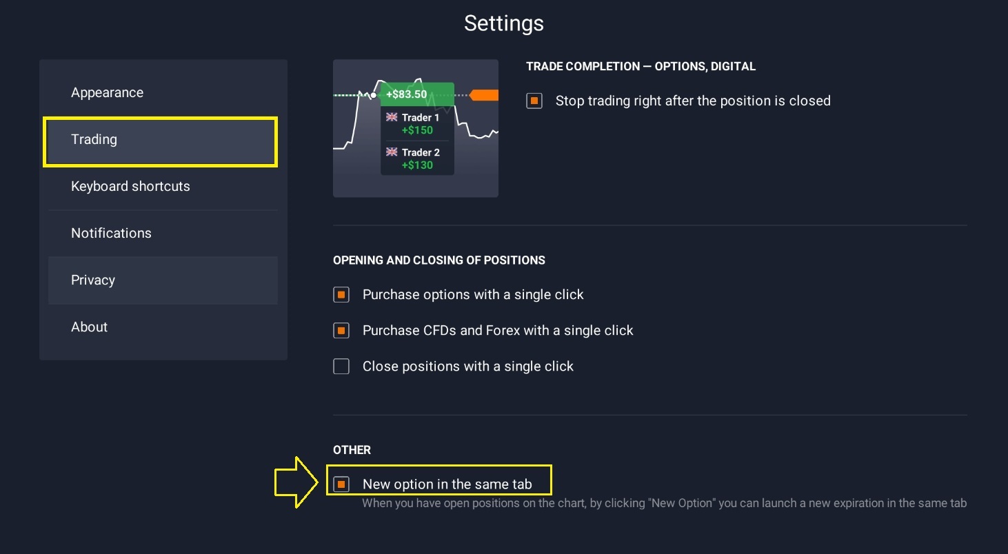 IQ Option அதே தாவலில் புதிய விருப்பத்தைத் திறக்கவும்