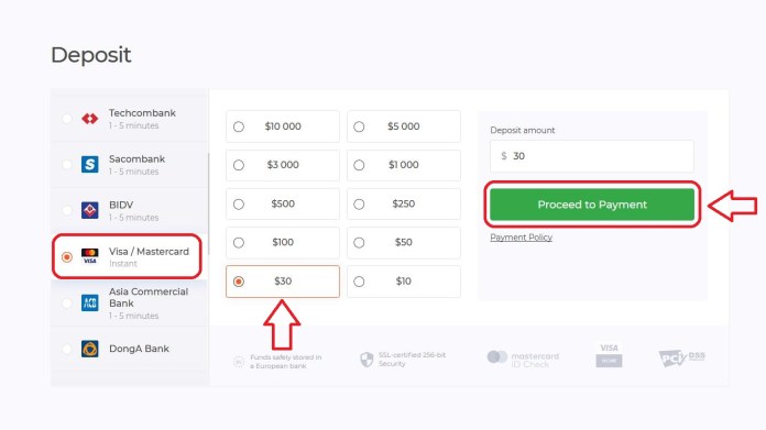 Choisissez le montant et la méthode de dépôt des fonds sur le compte IQ Option