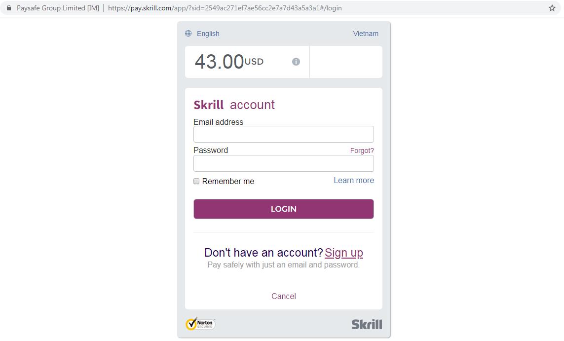 Logg på Skrill e-lommeboken