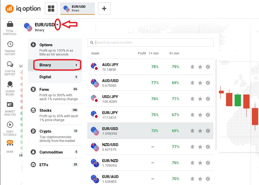 Wählen Sie das Basis-Asset aus, wenn Sie mit IQ Option