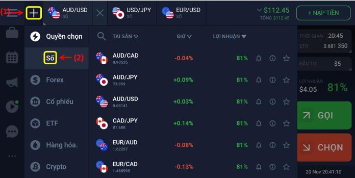 Escolha um ativo comercial na IQ Option