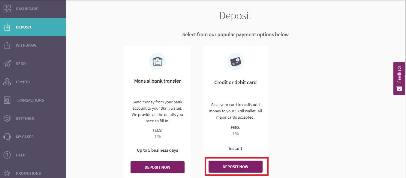 Fai clic su Deposita ora nella casella Carta di credito o di debito