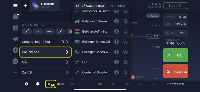 Selecteer indicatoren op IQ Option applicatie