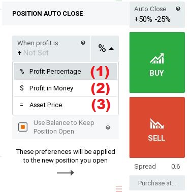 IQ Option 손절매 및 이익 실현